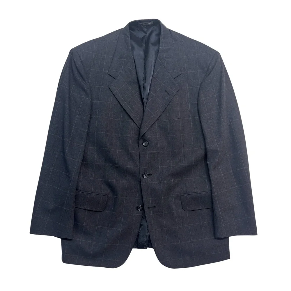 vtg 90s Tom James 42S 34x30 Navy Blue Windowpane 2pc Pant Suit Wool USA Pleated